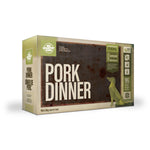 A carton of Big Country Raw dog food, Pork dinner recipe, 4 lb (contains four 1 lb patties), requires freezing. 