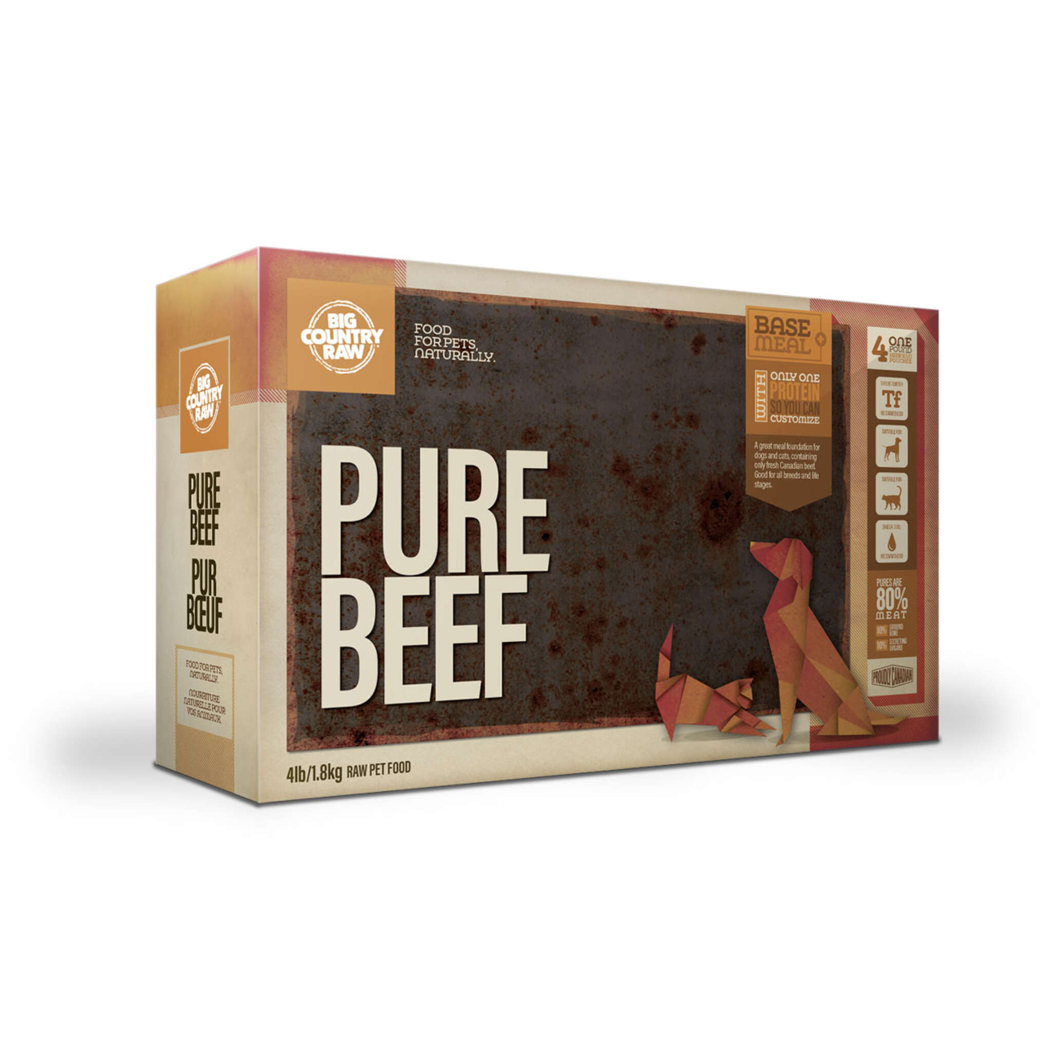 A carton of Big Country Raw dog food, Pure Beef recipe, 4 lb (contains four 1 lb patties), requires supplementation and freezing.