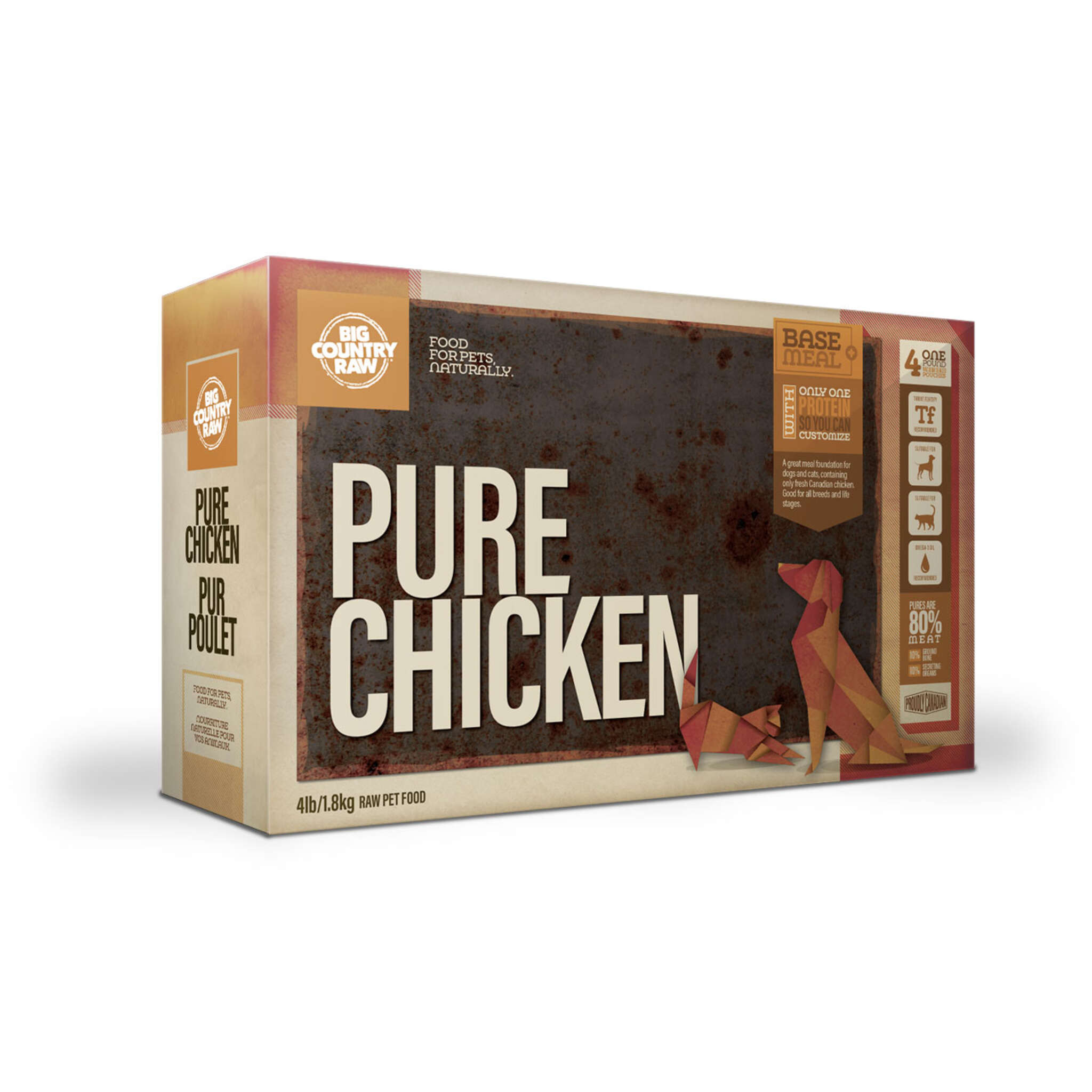 A carton of Big Country Raw dog food, Pure Chicken recipe, 4 lb (contains four 1 lb patties), requires supplementation and freezing.