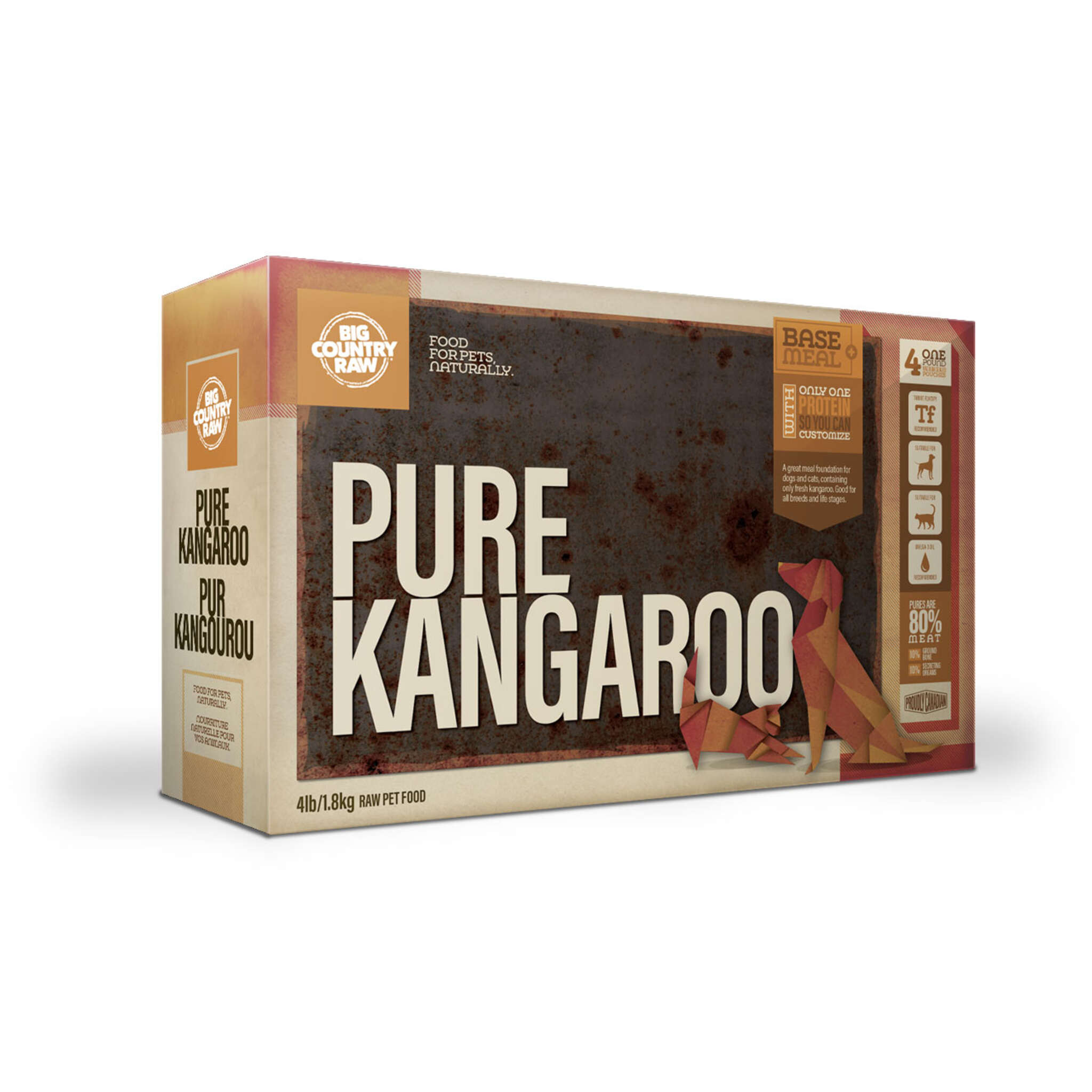 A carton of Big Country Raw dog food, Pure Kangaroo recipe, 4 lb (contains four 1 lb patties), requires supplementation and freezing.