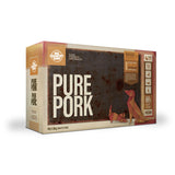 A carton of Big Country Raw dog food, Pure Pork recipe, 4 lb (contains four 1 lb patties), requires supplementation and freezing.