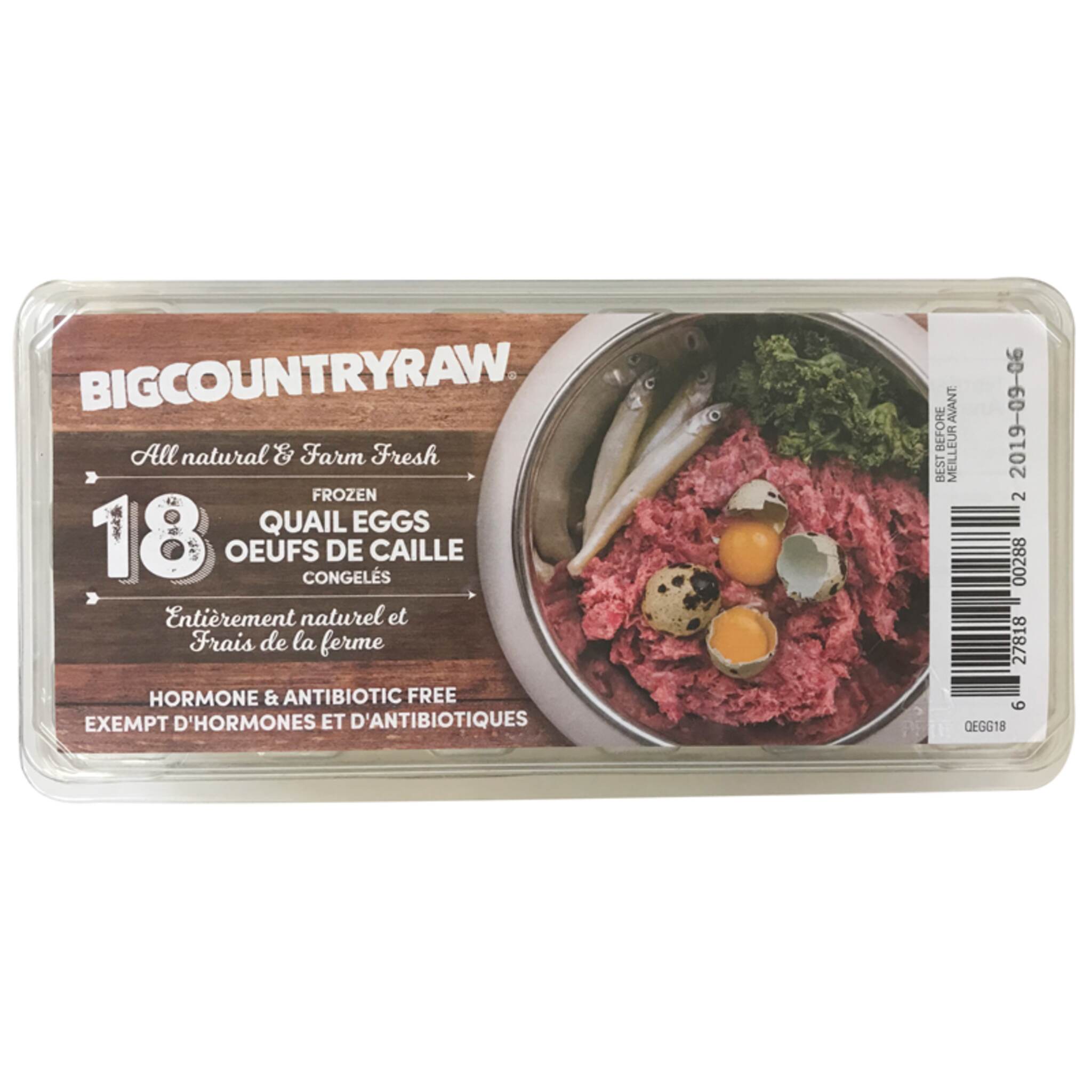 A carton of Big Country Raw Frozen Quail Eggs, 18 count, requires freezing.