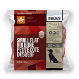 A bag of Big Country Raw small flat rib bones, 1 lb, small & medium dog treat, roughly 20 minutes chewing time per piece, requires freezing.
