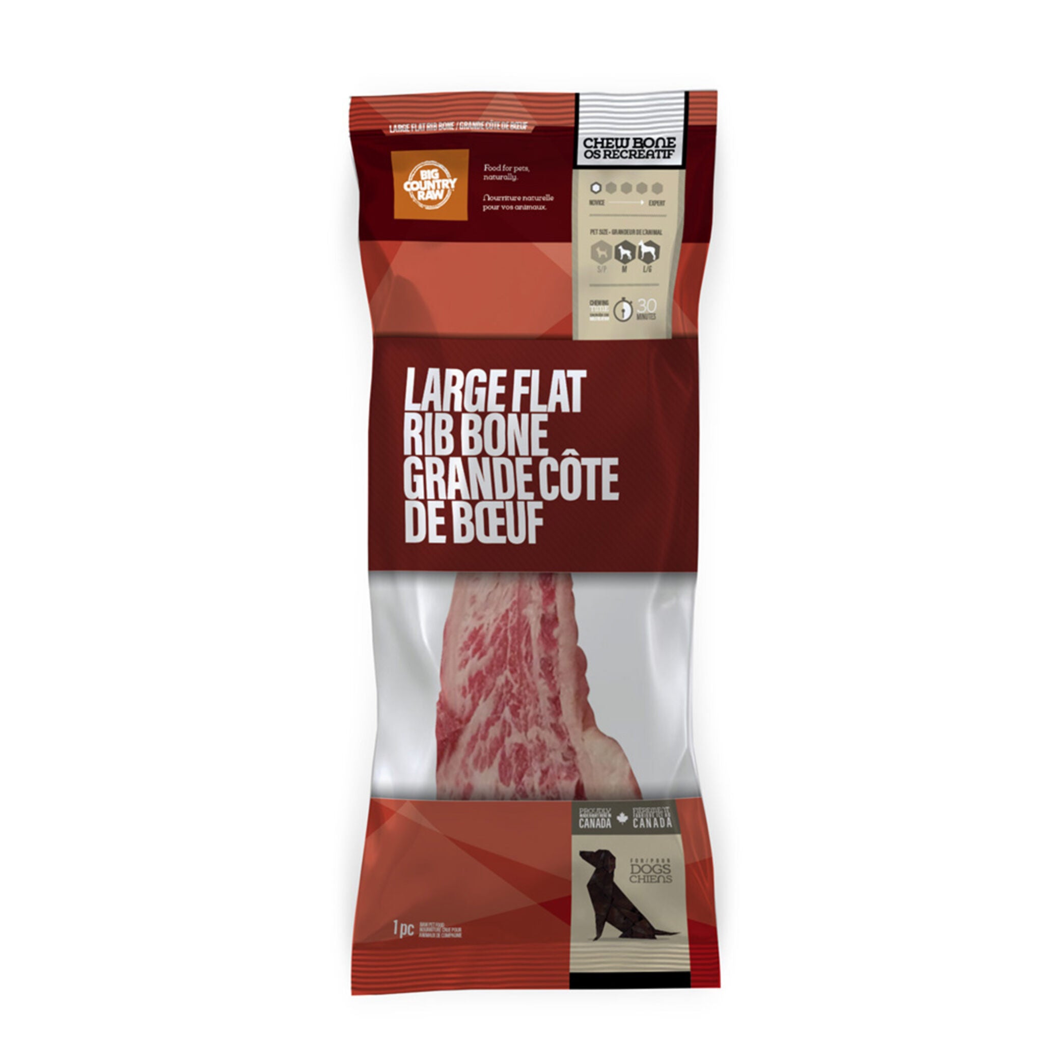 A Big Country Raw Large Flat Rib bone, 1 pc, Medium & Large dog treat, roughly 30 minutes chewing time, requires freezing.