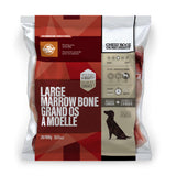 A bag of Big Country Raw Large Marrow Bone treats for large dogs, 2 lb, requires freezing.