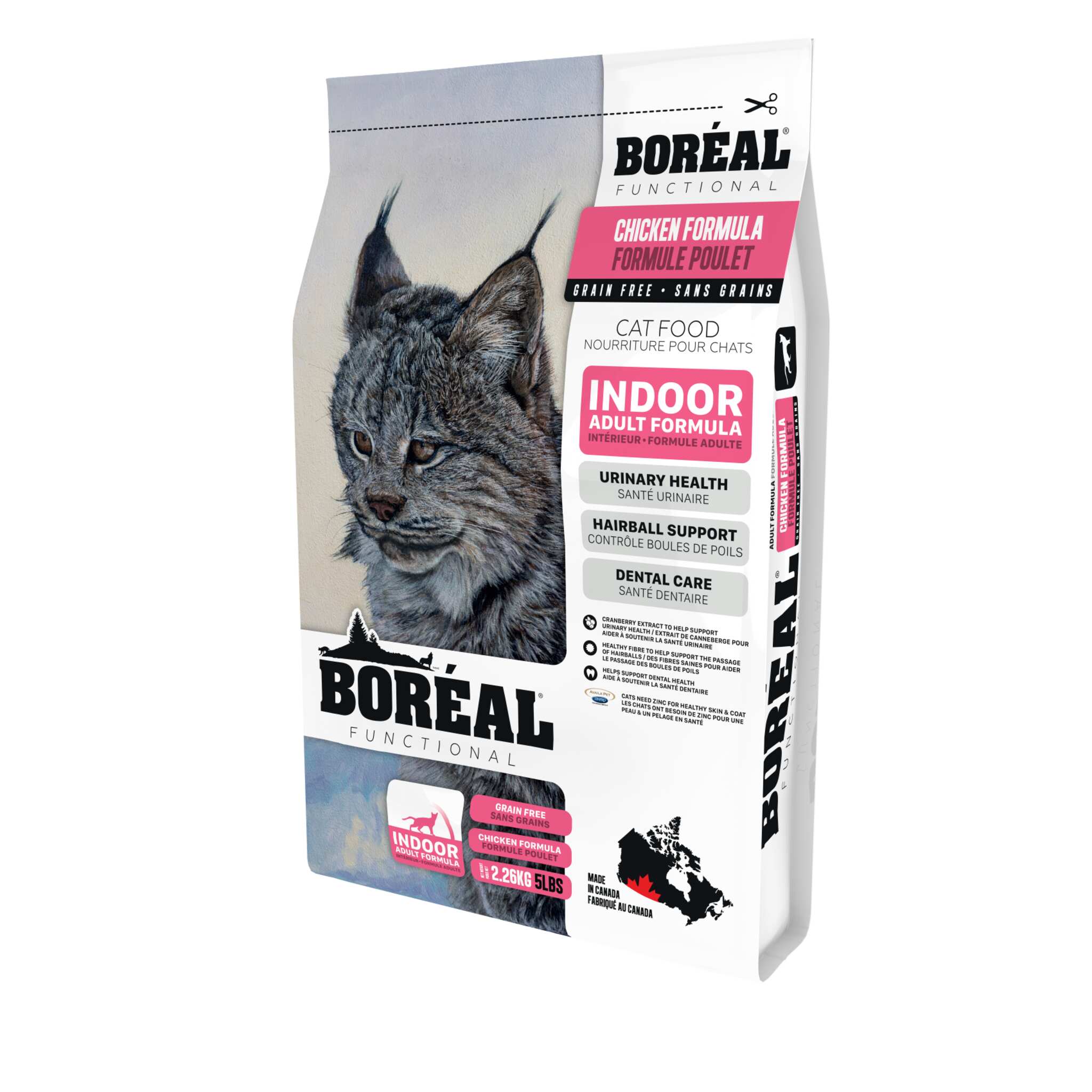 Boreal dry Cat Food, Indoor Adult recipe for urinary health, hairball & dental support, grain-free, 5 lb.