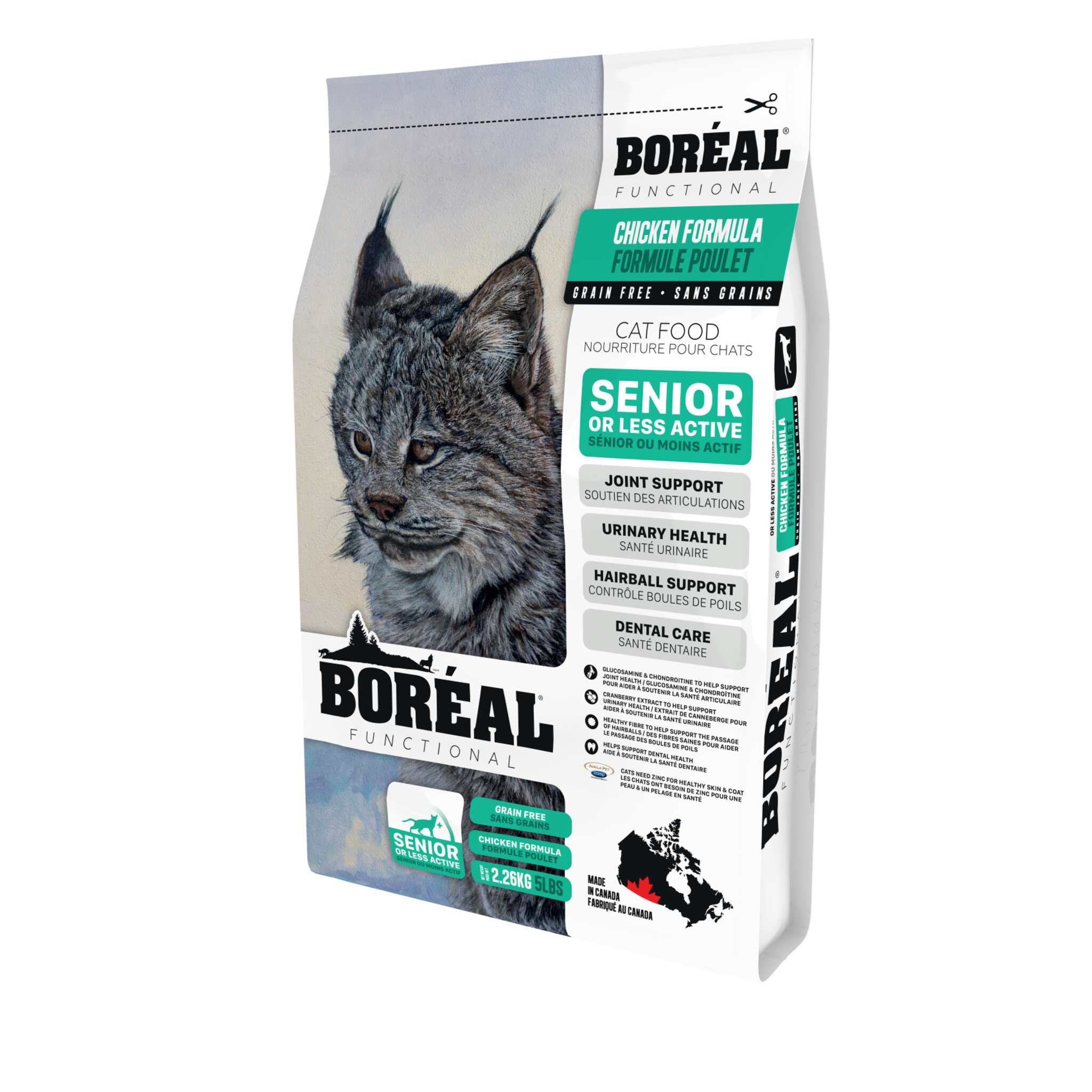 Boreal dry Cat Food, Senior or less active recipe, joint support, urinary health, grain-free, 5 lb.