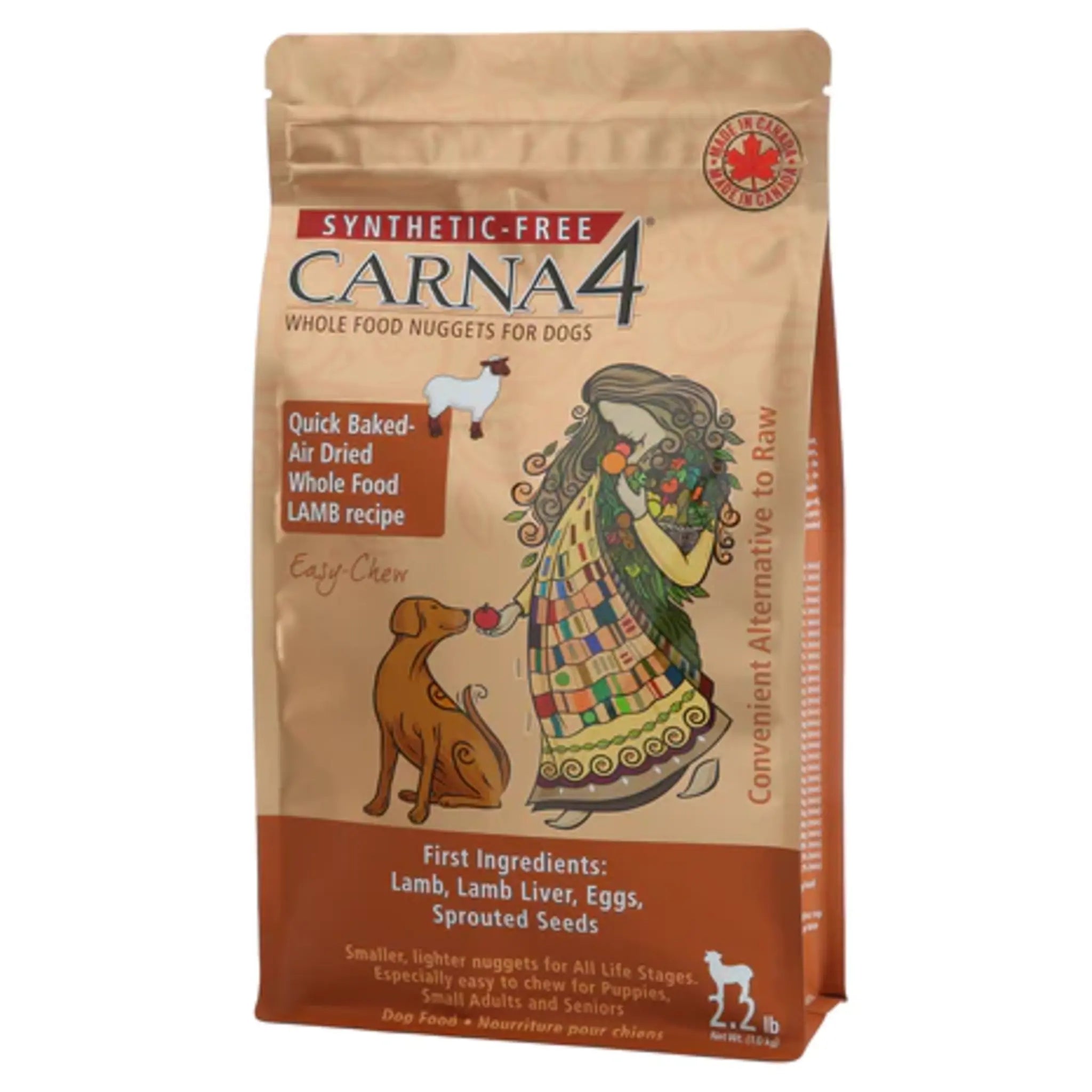 A bag of Carna4 Whole Food Nuggets Dog Food, Easy-Chew Lamb Recipe, Synthetic-Free, Made in Canada, 2.2 lb