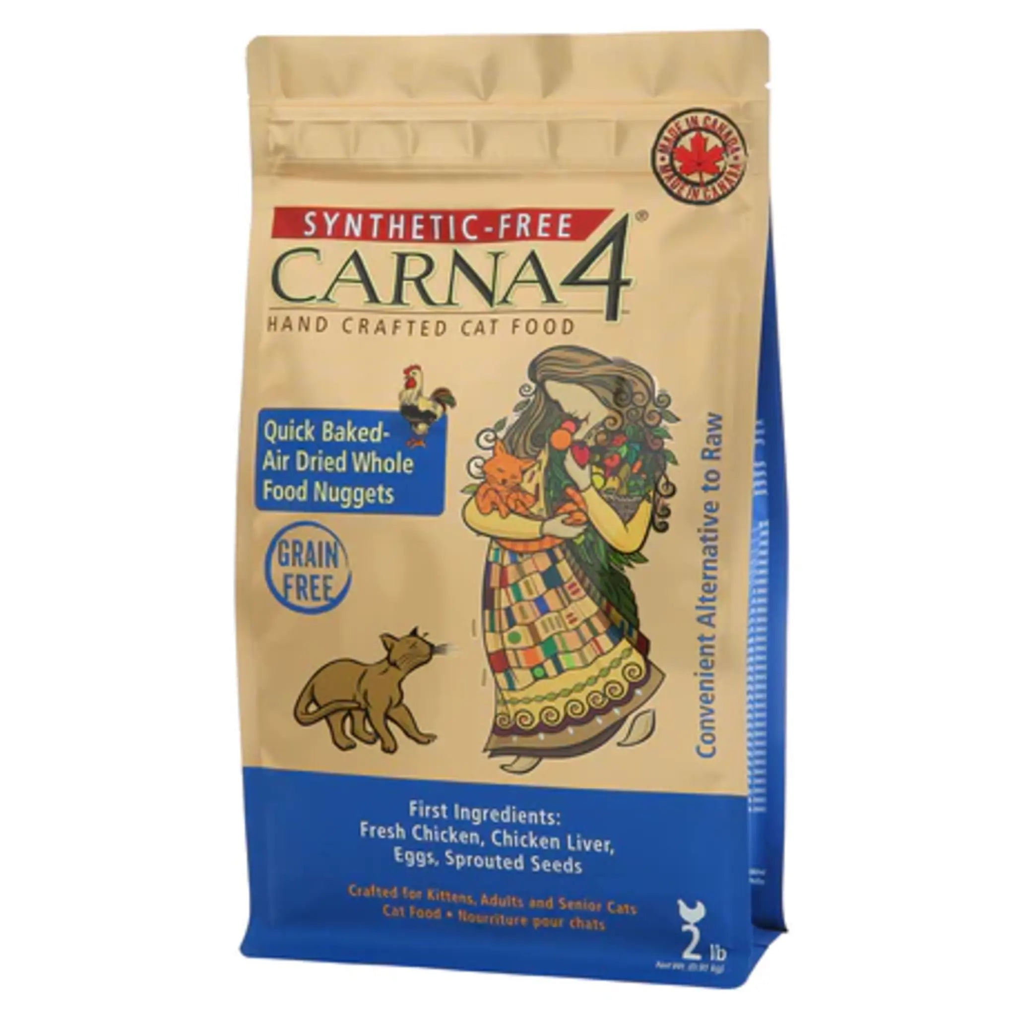 A bag of Carna4 Hand Crafted Cat Food, Chicken Recipe, Made in Canada, Synthetic-Free, 2 lb.