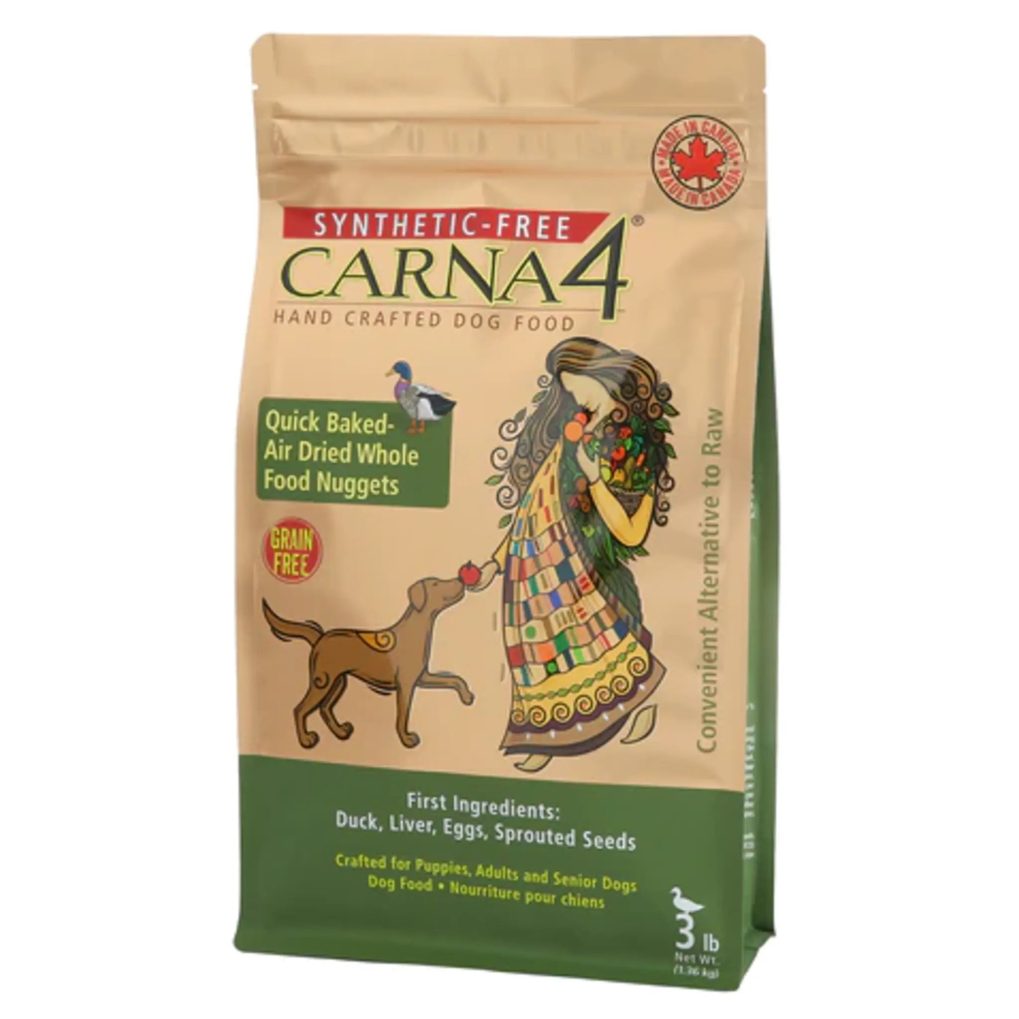 A bag of Carna4 Hand Crafted Dog Food, Duck Recipe, Made in Canada, Synthetic-Free, 3 lb.