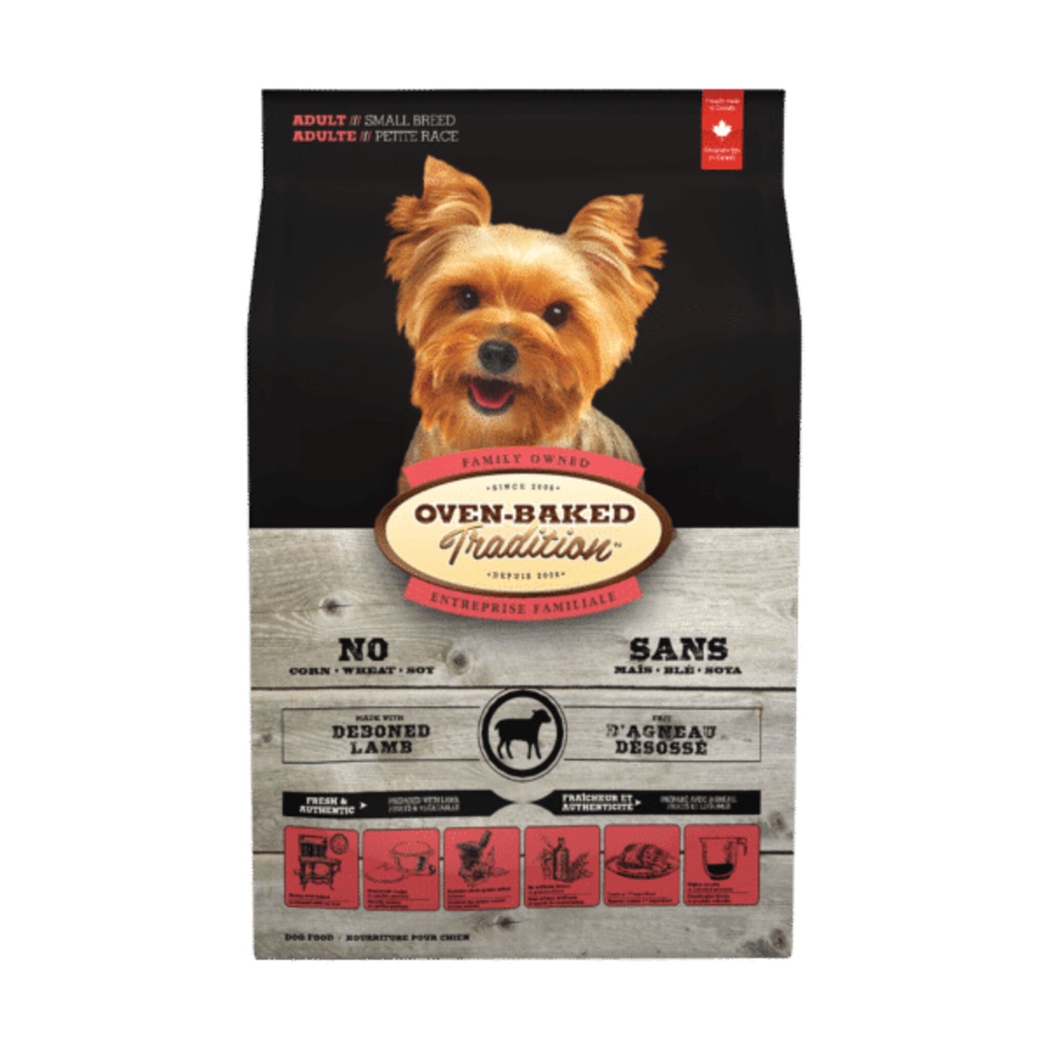 A bag of Oven-Baked Tradition dog food, adult small breed, lamb recipe, 5 lb.