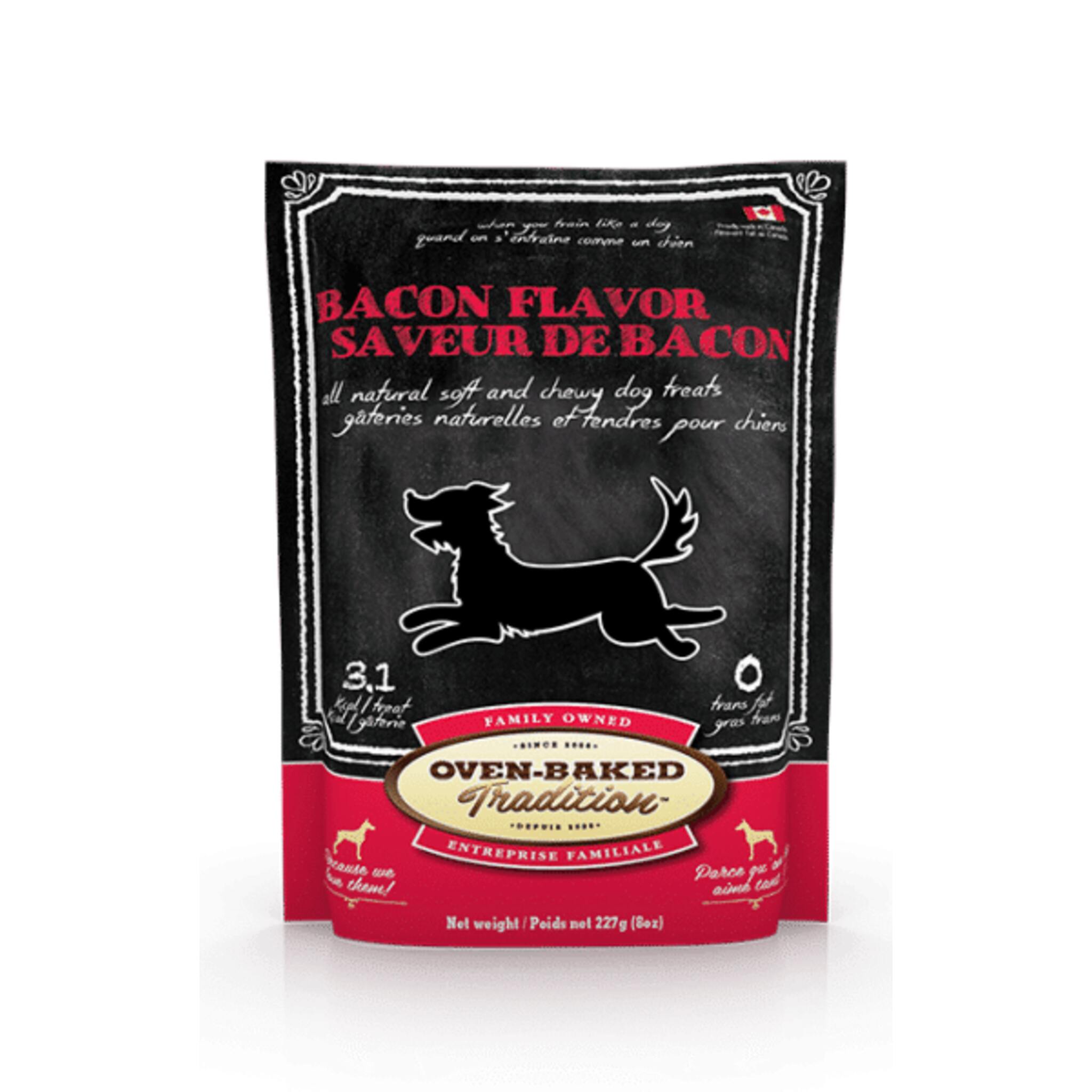 A bag of Oven-Baked Tradition soft and chewy dog treats, bacon flavour, 8 oz.