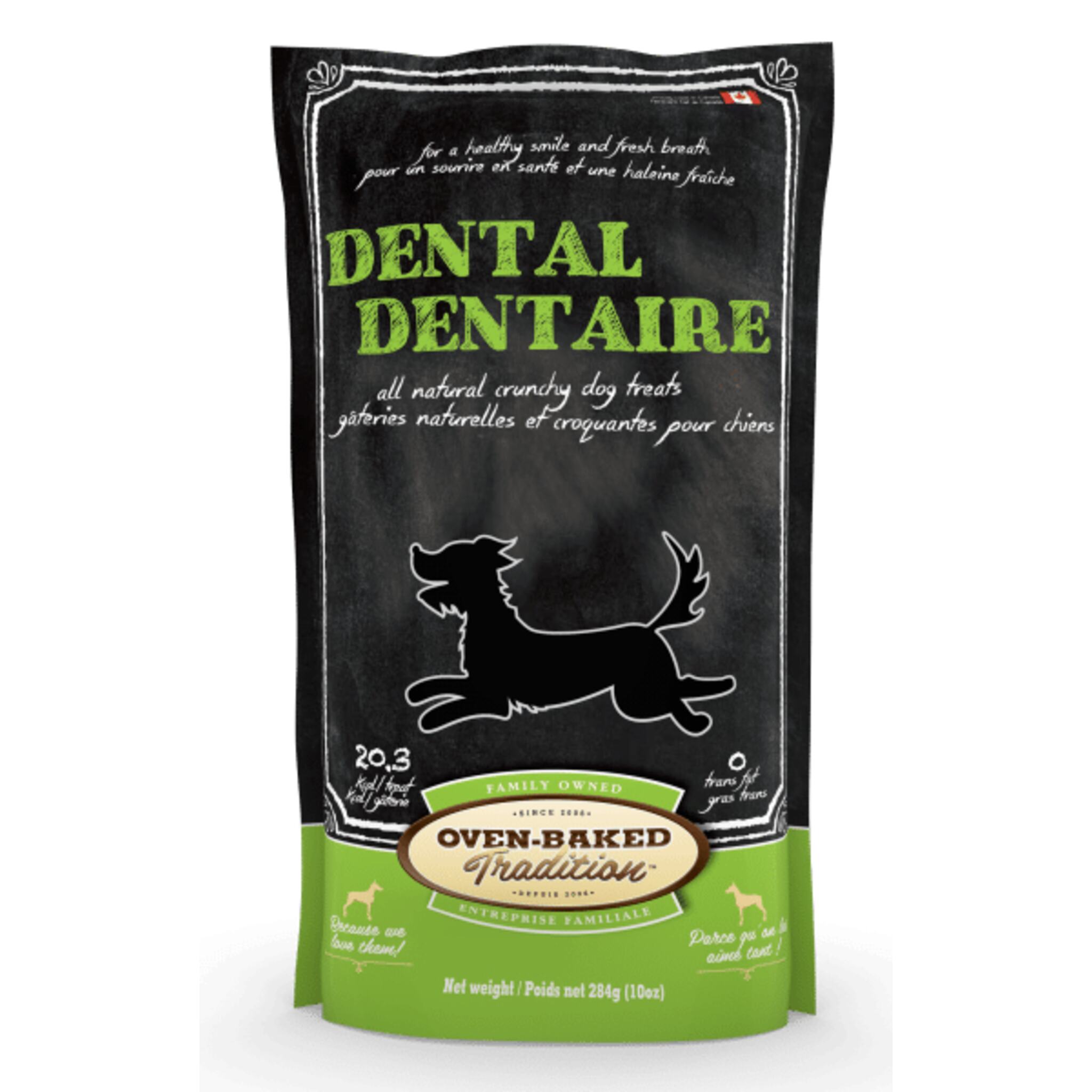 A bag of Oven-Baked Tradition all natural crunchy dental dog treats, 10 oz.