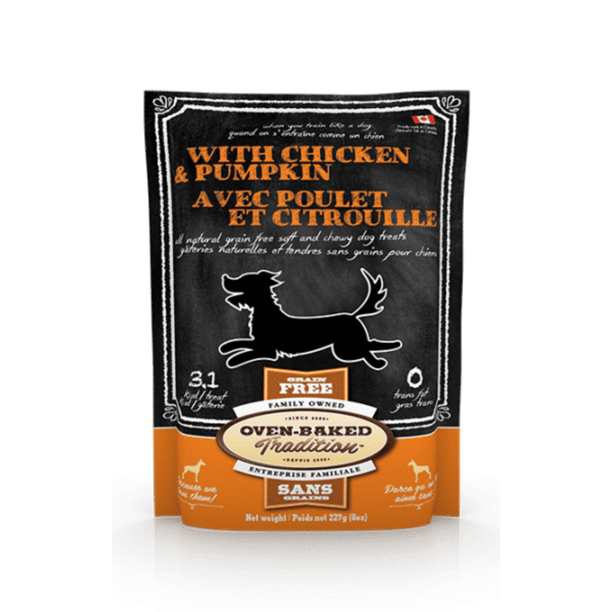 A bag of Oven-Baked Tradition soft and chewy dog treats, chicken and pumpkin recipe, 8 oz.