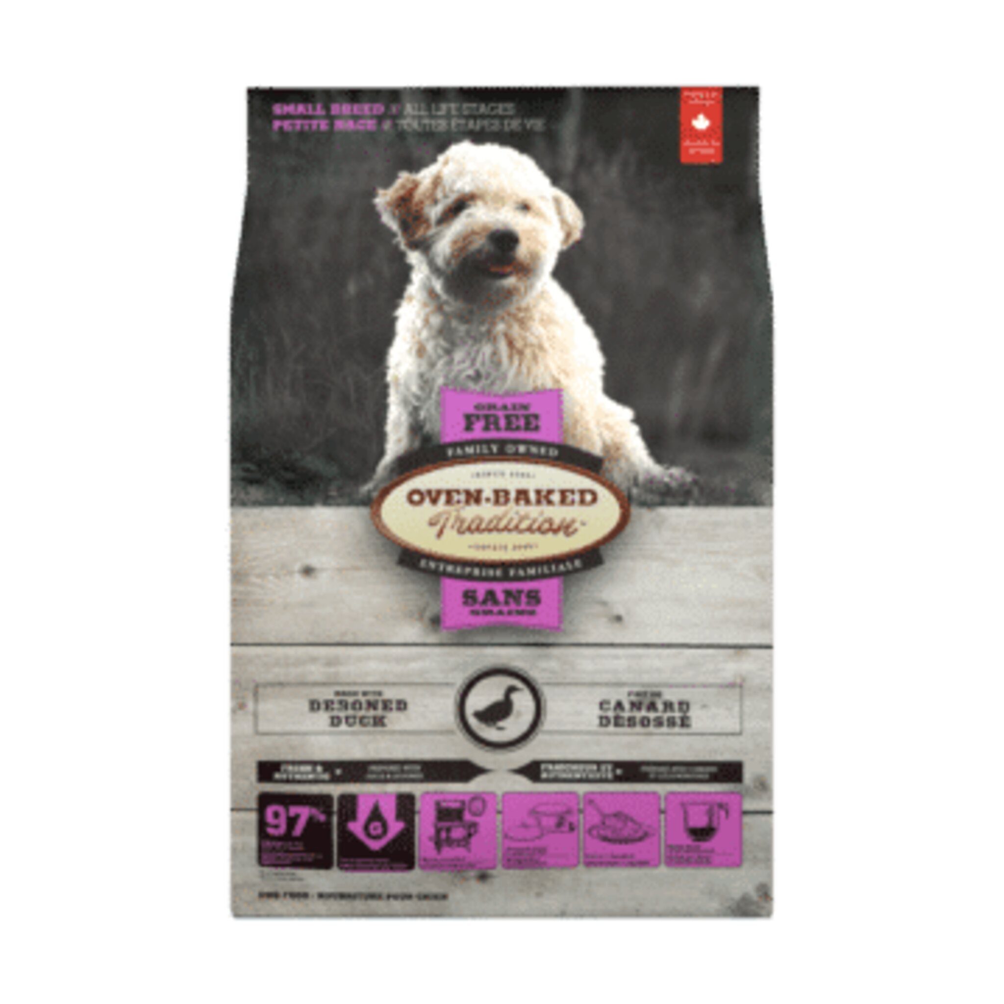 A bag of Oven-Baked Tradition small breed dog food, duck recipe, 5 lb.
