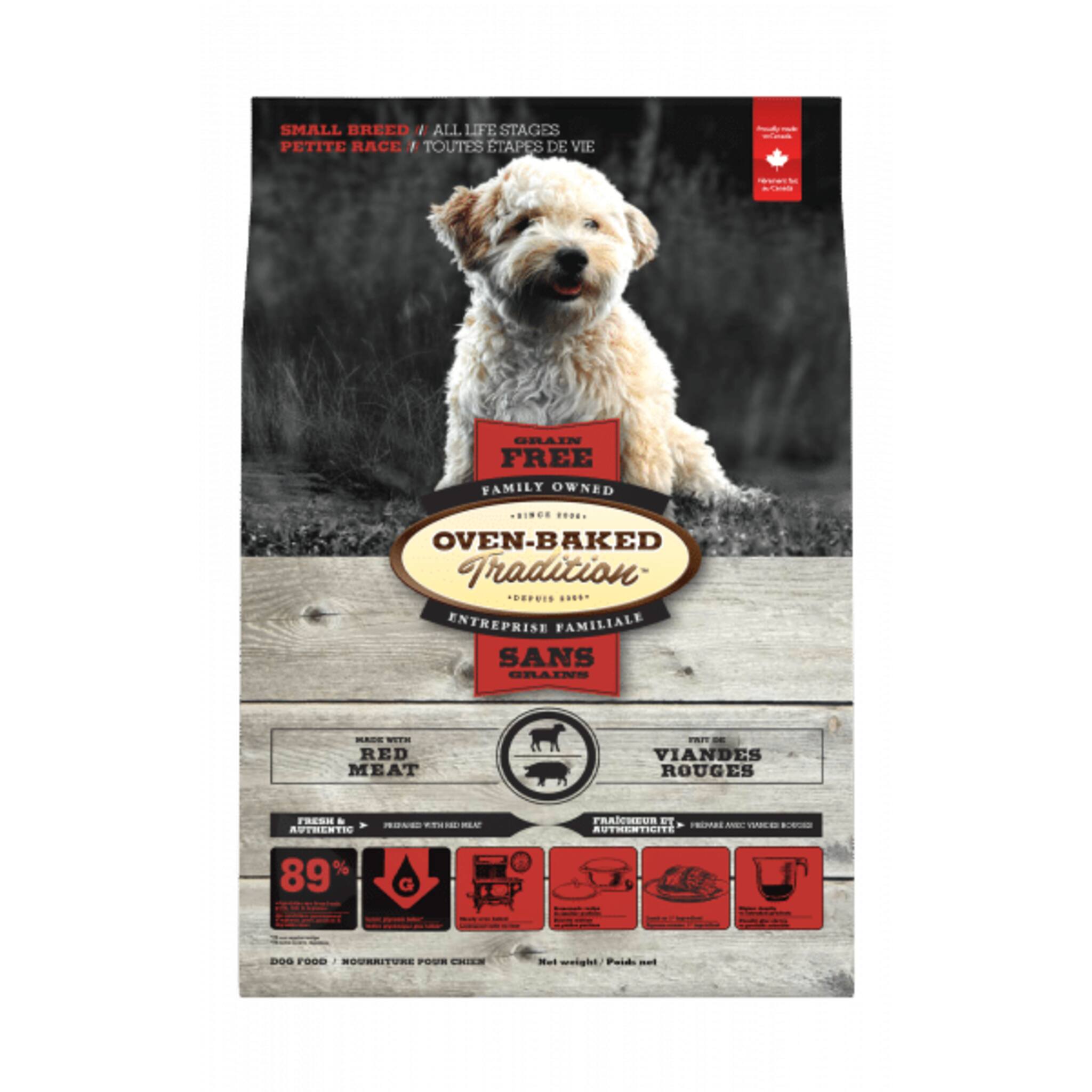 A bag of Oven-Baked Tradition small breed dog food, red meat recipe, 5 lb.