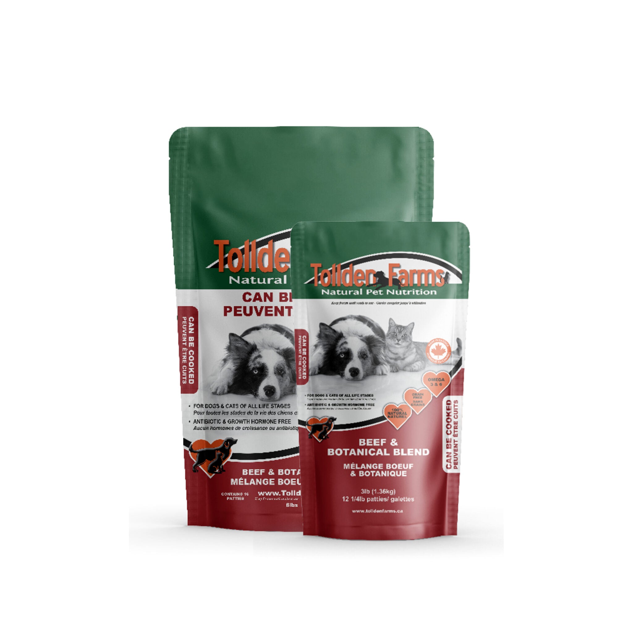 Tollden Farms raw dog food, Beef & Botanical Blend, dogs and cats, 8 lb and 3 lb options.