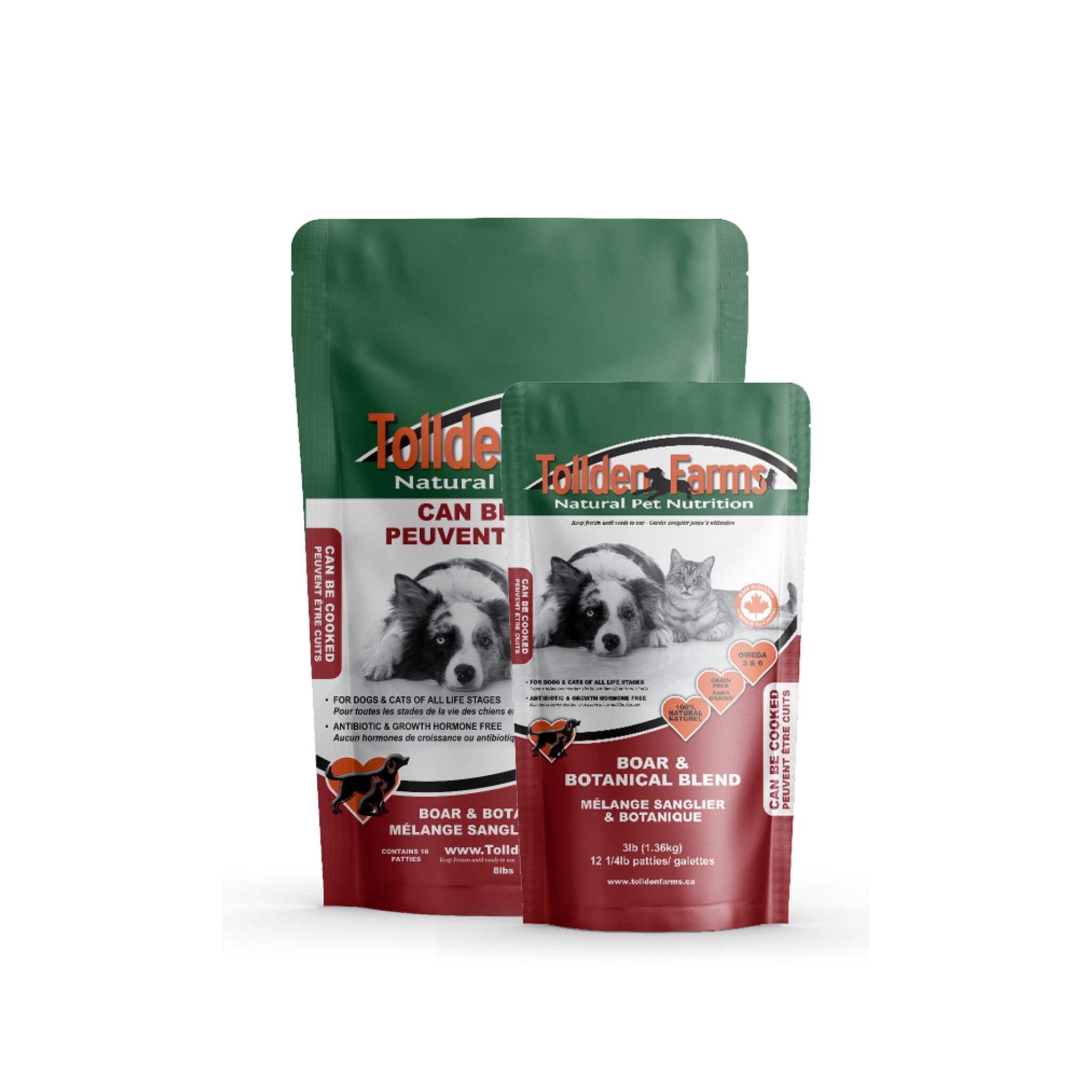 Tollden Farms raw dog food, Boar & Botanical Blend, for dogs and cats, 8 lb and 3 lb options.
